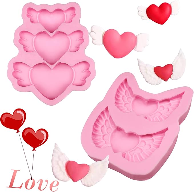 Valentine's Day Heart Fondant Molds, Heart Wings Cake Decorating Silicone Molds for Cupcake Toppers, Cookies, Candy Chocolate Molds, Marzipan, Sugar Craft, Flower Paste, Dough, Gum, Clay, resin