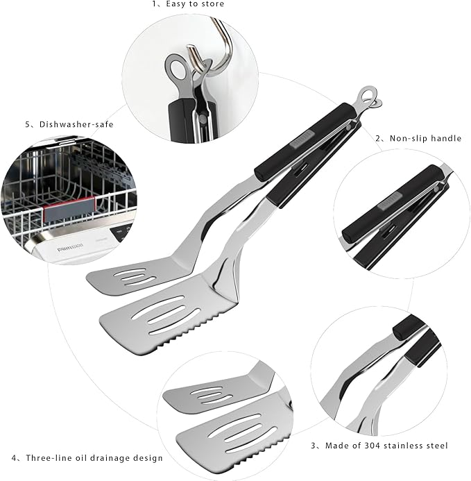 11.5-inch Stainless Steel Tongs for Cooking – Versatile Metal Spatula Tongs for Flipping, Picking Up, Cutting, and Stir-Frying Meats and Other Foods. Kitchen Tongs Durable and Multifunctional.(Black)