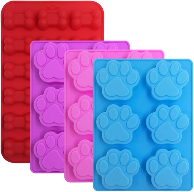4 Pcs Silicone Candy Chocolate Molds, FineGood Puppy Dog Paw & Bone Shaped Ice Cube Trays Cookies Baking Pans for Making Frozen Dog Treats Soap Bars - Red, Blue, Purple, Pink
