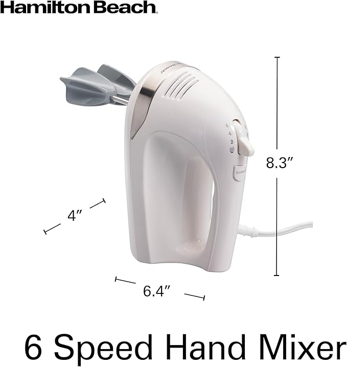 Hamilton Beach 6-Speed Electric Hand Mixer with Whisk, Dough Hooks and Easy Clean Beaters, Powerful 275 Watt Motor, Snap-On Storage Case, White