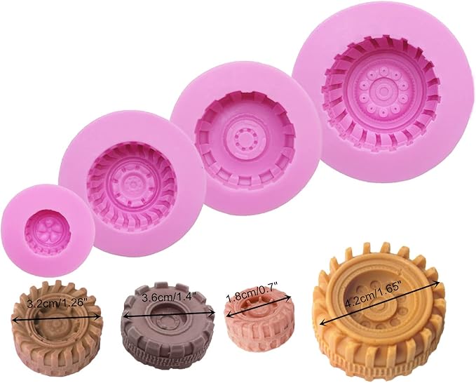 4Pcs 3D Round Tire Fondant Molds Truck Wheel Silicone Molds for Sugarcraft Cake Decoration, Biscuit Cookies, Chocolate, Candy, Polymer Clay, Soap, Jelly