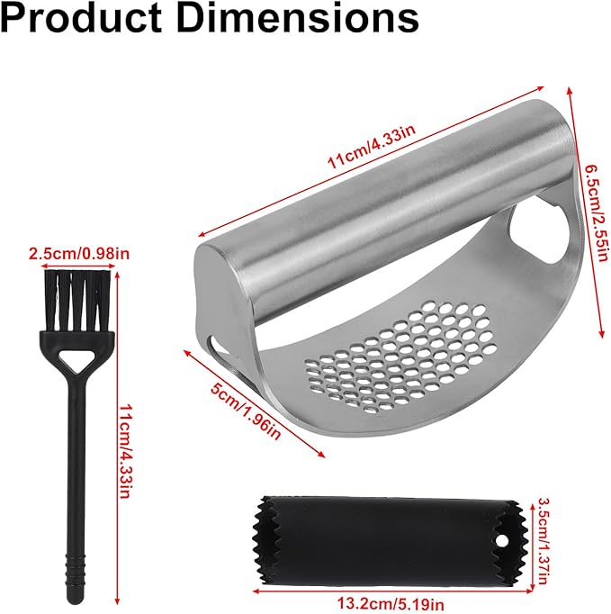 Stainless Steel Hand Garlic Presser Set, Hand Garlic Press with Plastic Peeler Tube and Brush Ginger Crusher Supplies for Kitchen Vegetable Processing Tools