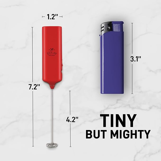 Mini & Mighty Milk Frother Wand – Powerful Handheld Coffee Frother, Battery Operated Drink Mixer – Compact Pocket Size – Detachable Whisk for Latte, Cappuccino, Matcha, Hot Chocolate – Red