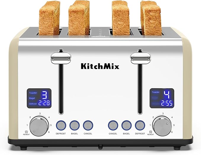 Toaster 4 Slice, KitchMix Bagel Stainless Toaster with LCD Timer, Extra Wide Slots, Dual Screen, Removal Crumb Tray (Cream)