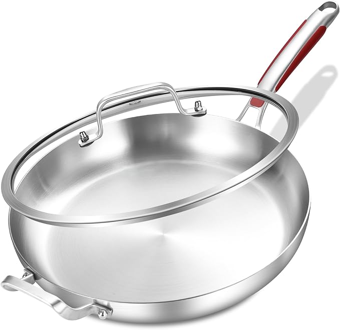 Inqibee 14-Inch Tri-Ply Stainless Steel Large Skillet with Lid,Large Frying Pan with Helper Handle,Jumbo Cooker,Induction Pan,Heavy Duty and Dishwasher Safe