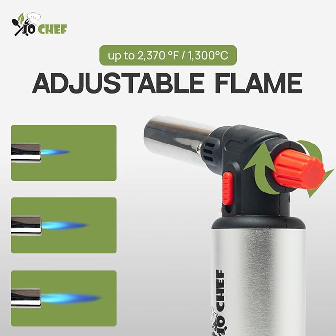 Jo Chef Kitchen Torch with Butane Included – Refillable Lighter with Safety Lock & Adjustable Flame, Blow Culinary Torch for Cooking, BBQ, Creme Brulee, DIY and Soldering - 1 Can (3.38oz) Included