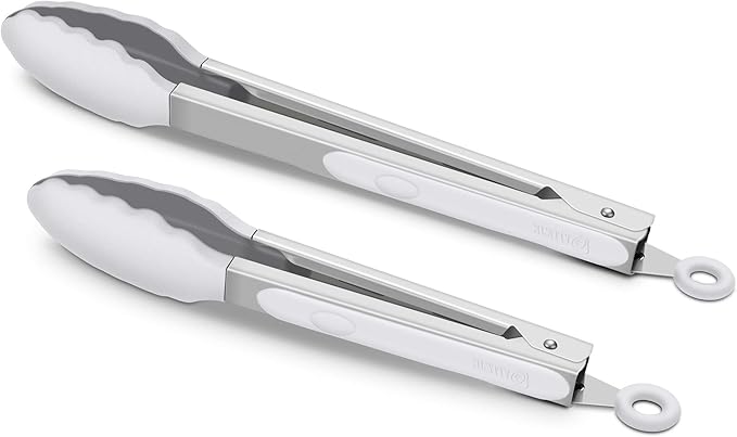 Premium Silicone Set of 2 Cooking Tongs, 9-Inch & 12-Inch BPA Free Non-Stick Stainless Steel BBQ Grilling Locking Food Tong, Light Grey