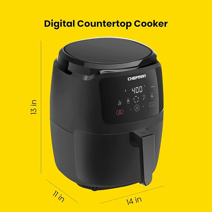 Chefman Digital Air Fryer, Large 5 Qt Family Size, One Touch Digital Control Presets, French Fries, Chicken, Meat, Fish, Nonstick Dishwasher-Safe Parts, Automatic Shutoff, Black