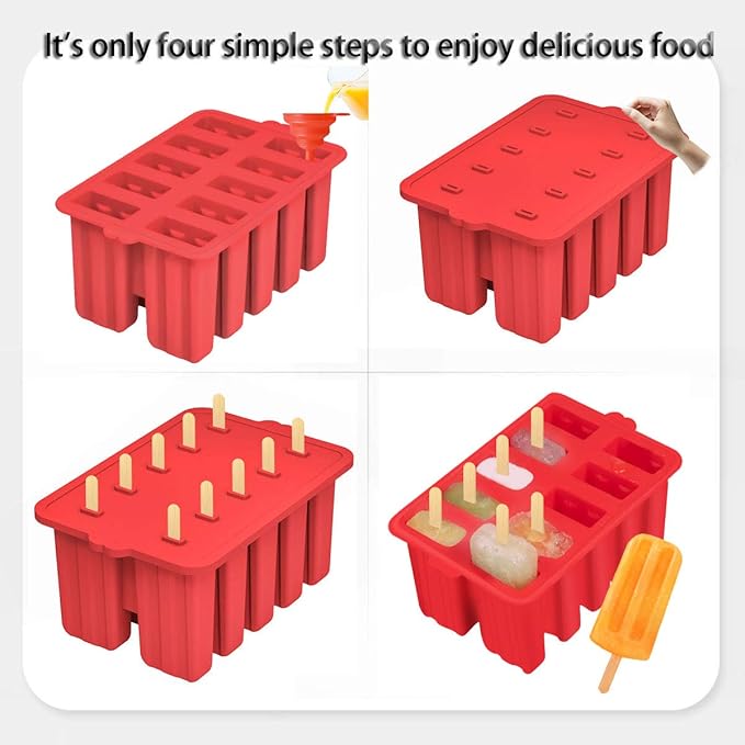 Silicone Popsicle Molds, 10 Cavity, BPA-Free, Red, Cone Shaped, Food Preparation Molds with Sticks and Funnel