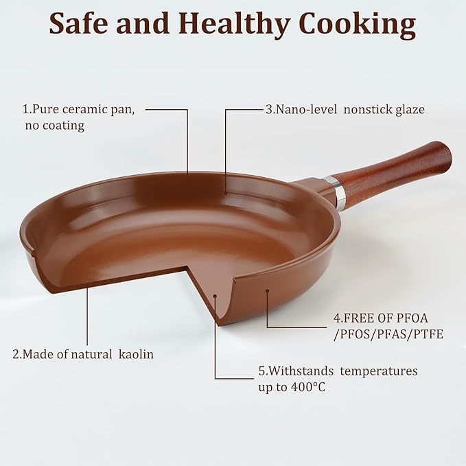 Pure Ceramic Frying Pan, Nonstick 10 Inch Ceramic Skillet (Crafted From Natural Clay Minerals Through Firing), PFAS-Free, Non Toxic/No Coatings Cooking Pan, Induction Pan (Brown)