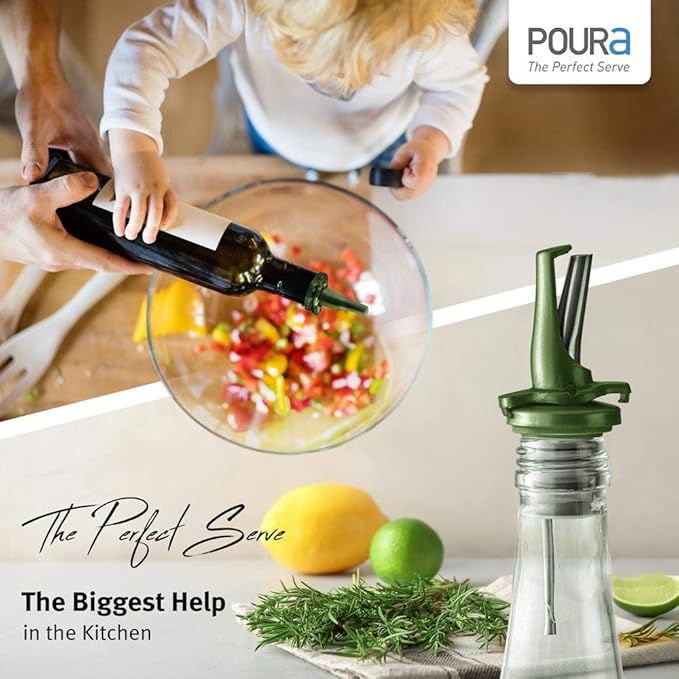 Olive Oil Spout for Olive Oil Dispenser - UK Patented Oil Pourer - Mid Flow Shut Off for Accurate Measurement - One Handed Open & Close Cap Keeps Oil Fresh and Prevents Oxidization - Green 6 Pack