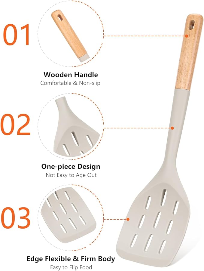 Pack of 2 Silicone Spatula, Non Stick Cooking Utensil Set Wooden Handle Kitchen Turner for Baking Mixing Grilling Serving Food Heat Resistant Non Scratch Hooks Included (Khaki)