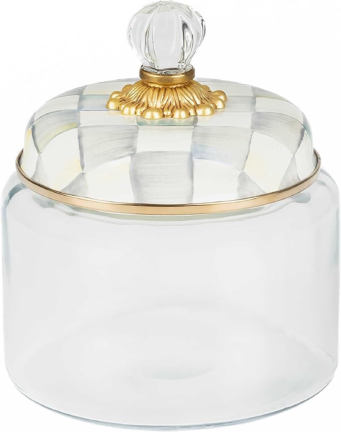 MACKENZIE-CHILDS Sterling Check Kitchen Canister, Decorative Gray-and-White Glass Storage Jar with Lid, Small