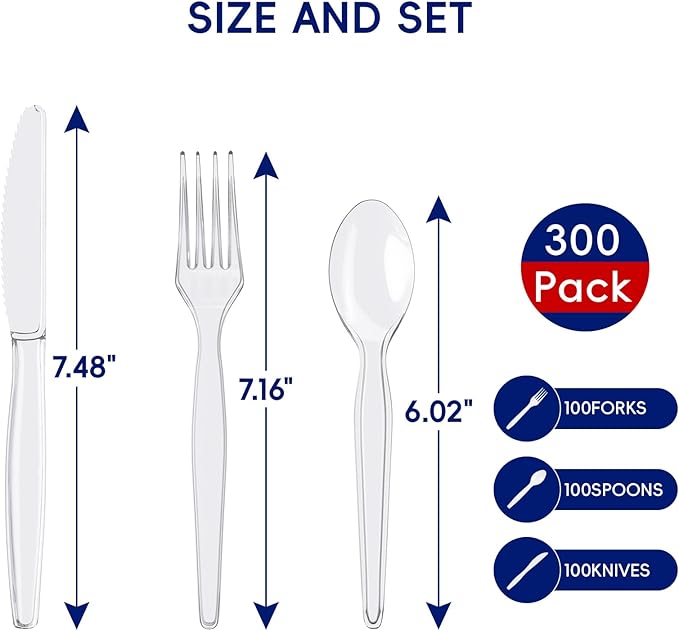 JOLLY CHEF 300 Count Clear Plastic Silverware, 100 Forks, 100 Spoons, 100 Knives, Heavy Duty Disposable Plastic Cutlery Set, Plasticware Bulk, Premium Clear Utensils for Party, Thanksgiving