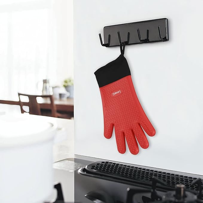 Kitchen Oven Gloves - Dual-Layer Heat Resistant Grilling Gloves, Silicone Oven Mitts with 5 Fingers, Waterproof Non-Slip Pot Holder for Barbecue, Cooking, Baking (XL-XXXL, Red Long)