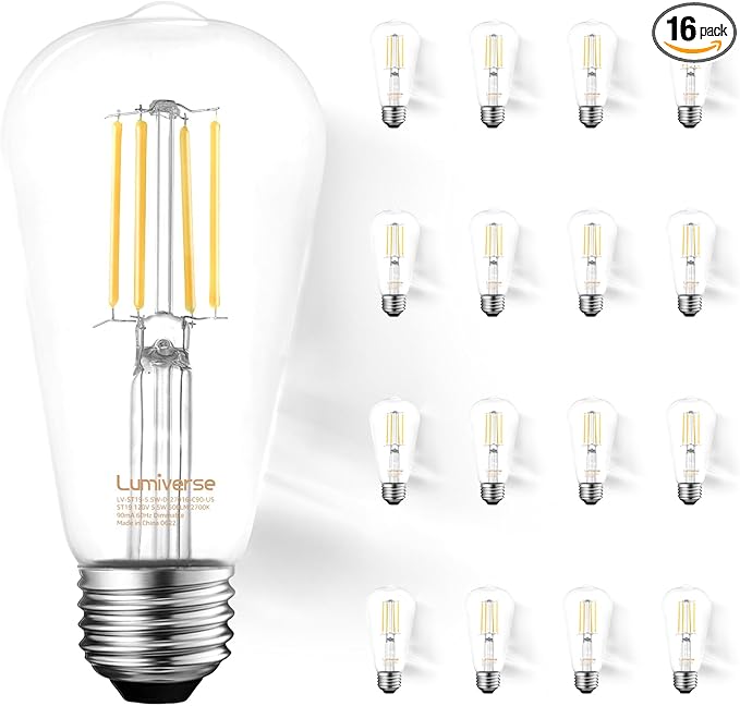 16 Pack ST19 Dimmable LED Edison Bulb, 5.5W (60W Equivalent), 500LM, CRI 95+, 2700K Soft White, E26 Medium Base, Vintage Filament, Clear Glass, Standard Type A Lamp, for Kitchen, Bathroom, Bedroom