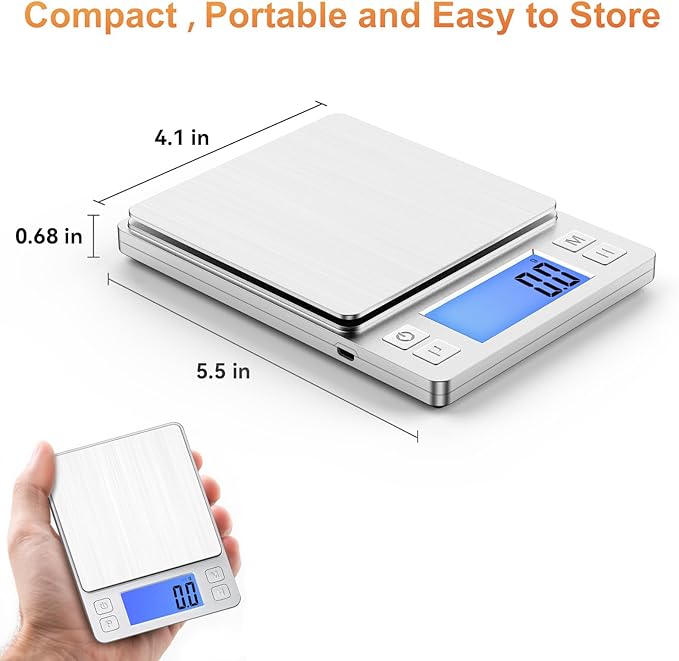 BOMATA Upgraded Small Food Scale, 0.1 g/0.001 oz High Precision, 3000 g/6.6 lb, with New Hold Function and Larger Display, USB Rechargeable, Digital Kitchen Scale for Small Item, Jewelry. Sliver