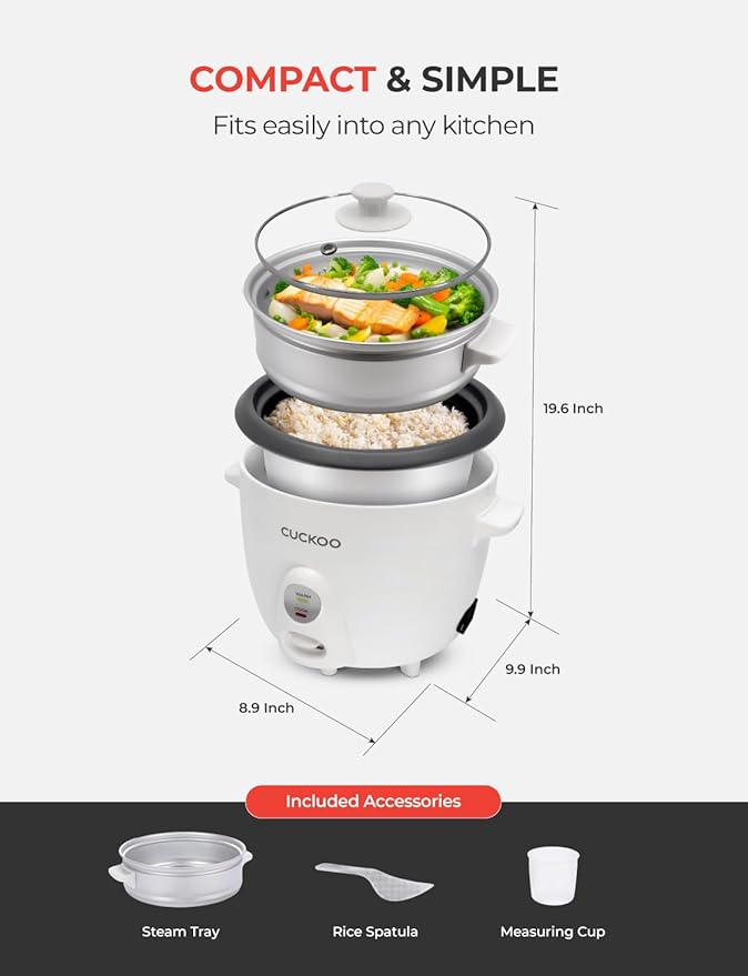 CUCKOO One Touch Rice Cooker 12-Cup Cooked, Small Rice Cooker & Warmer with Steamer Tray, Versatile Grain Cooker, Soup Maker, Auto Keep Warm, 6-Cup Uncooked, White (CR-0601C)