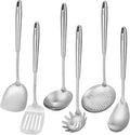 18/10 Stainless Steel Kitchen Utensils Set, 6 PCS All Metal Professional Cooking Utensils, 15" Long Kitchen Tools - Spatula, Ladle, Skimmer Spoon, Pasta Serve, Large Spoon, Slotted Spatula Tunner