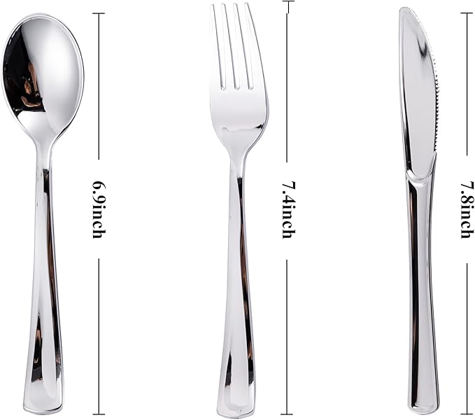 N9R 200PCS Silver Plastic Silverware Disposable Silver Plastic Silverware Cutlery Set, 100 Forks, 50 Spoons, 50 Knives for Party, Birthday, Wedding