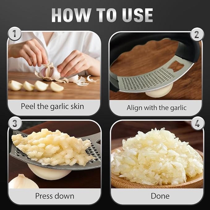 Stainless Steel Garlic Press Rocker, 2025 New Garlic Mincer and Garlic Crusher, Easy-Squeeze Garlic Tool with Peeler and Cleaning Brush for Smashing Garlic (A2-3Pcs)