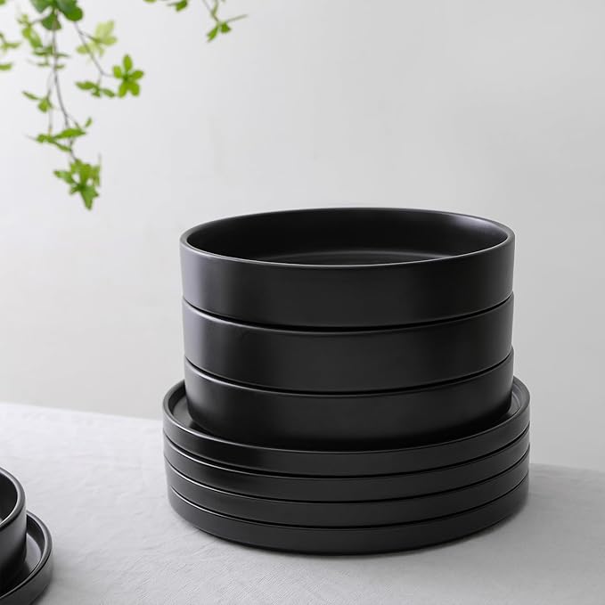 Stone Lain Celina Stoneware 12-Piece Dinnerware Set, Cereal and Pasta Bowls, Black, Coupe