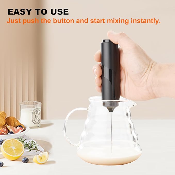 Handheld Milk Frother with Cover, Battery Operated Drink Mixer Handheld Easy to Carry Electric Frother Wand For Coffee, Latte, Cappuccino, Frappe Drink, Hot Chocolate, Black