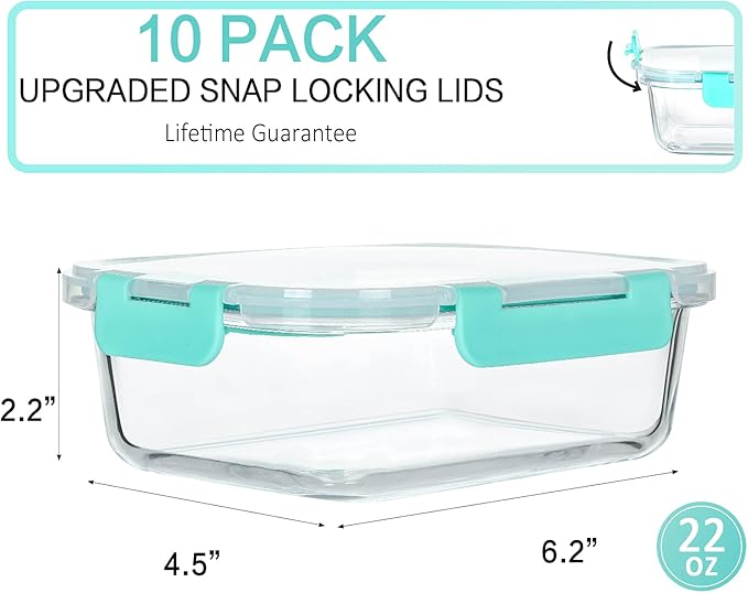 M MCIRCO [10-Pack,22 Oz Glass Meal Prep Containers,Glass Food Storage Containers with lids,Glass Lunch Containers,Microwave, Oven, Freezer and Dishwasher, Green