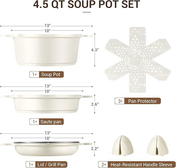 Ammeloo 8-Piece Non Stick Stock Pot with Lid, Ceramic Cooking Pot Set, 4.5 Qt All-in-One Non Toxic Soup Pot for All Stoves, Easy to Clean & Dishwasher Safe, Oven Safe, Induction Ready, PFOA PFAS Free