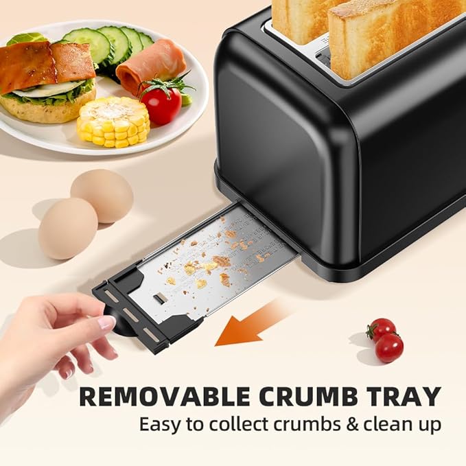 Black Toaster 2 Slice, Extra Wide Slot Toaster for Bagels, Bread, Waffles, 7 Shade Settings, 4 Main Functions, Removable Crumb Tray, 900 Watts Toasters, Black Stainless Steel