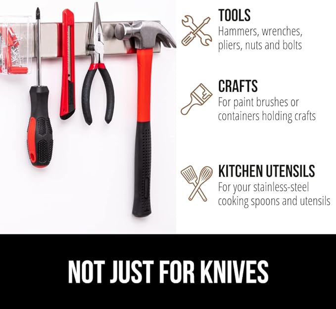 GORILLA GRIP Stainless Steel Magnetic Knife Holder for Wall, Multi-Purpose Magnet Bar for Knives, Tools, Art Supplies, Heavy Duty Strip Holds Up to 6 lbs, Kitchen Organizer, 12 Inch, Drilling Required