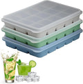 Ice Cube Trays Set of 3, Easy Release 15 Flexible Silicone Ice Cube Molds with Removable Lid Reusable Freezer Ice Trays Stackable for Whiskey, Baby Food, Green+Blue+Grey