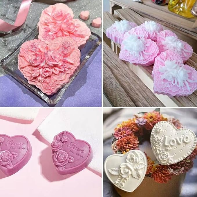Heart Silicone Molds, AITRAI 4 Types 3D Flower Heart Chocolate Molds Soap Molds for Soap Making Cake Candle Wedding Candy Mold Gift for Love Birthday
