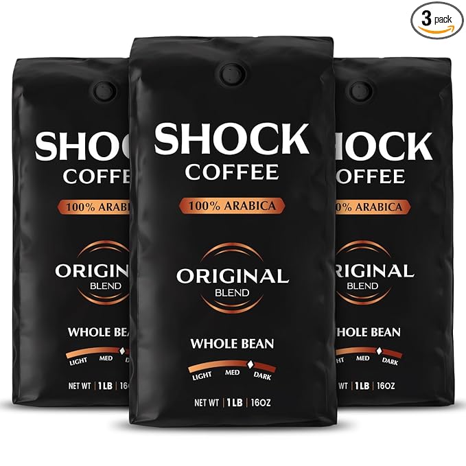 Shock Coffee Whole Bean, The Strongest Caffeinated All-Natural Coffee, Up to 50% more Caffeine. 3 LB