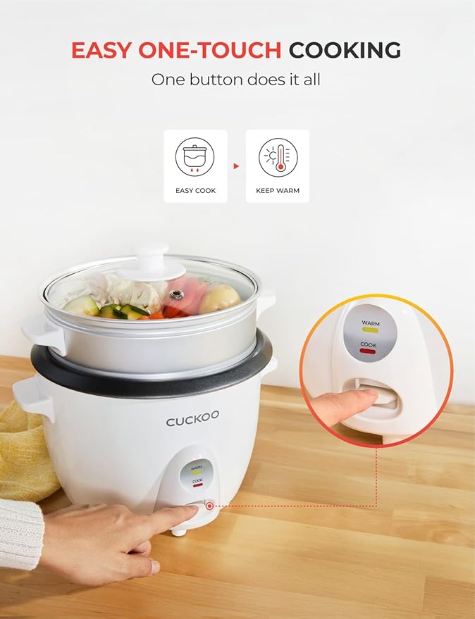 CUCKOO One Touch Rice Cooker 12-Cup Cooked, Small Rice Cooker & Warmer with Steamer Tray, Versatile Grain Cooker, Soup Maker, Auto Keep Warm, 6-Cup Uncooked, White (CR-0601C)