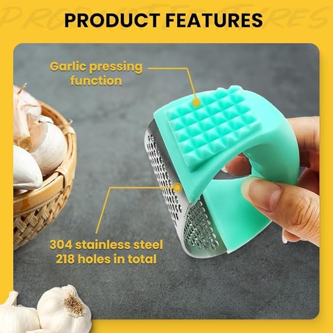Garlic Press Rocker Stainless Steel, Garlic Crusher with Peeler & Cleaning Brush, Easy to Use Garlic Mincer for Kitchen Cooking, Ergonomic Garlic Chopper Tool, Durable Garlic Presser Gadget (Pink)
