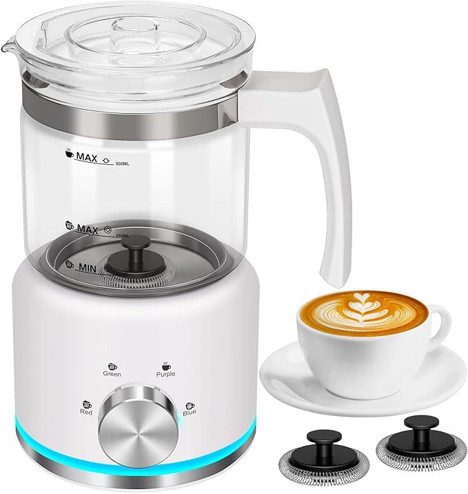 Milk Frother, 16.9 OZ Milk Frother and Steamer, 4 in 1 Electric Milk Frother Dishwasher Safe Durable Silent Frother for Coffee Hot and Cold Foam Maker (White Glass)