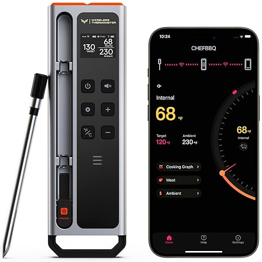 Meat Thermometer Digital Wireless, 800FT Long Range Bluetooth Cooking Thermometer, Food Thermometer for Remote Monitoring of Grill, Oven, Smoker, Air Fryer, Rotisserie, iOS & Android App