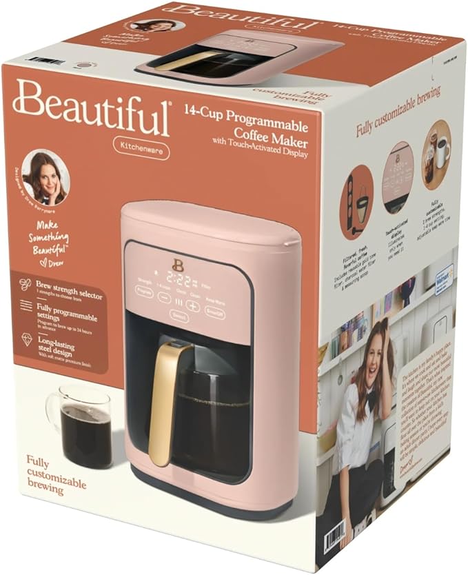 Beautiful 14 Cup Programmable Coffee Maker, Touch Display, 1200W, Brew Strength Control, Keep Warm, Pause & Serve, Glass Carafe, Reusable Filter, Auto Shut-Off (Rose)
