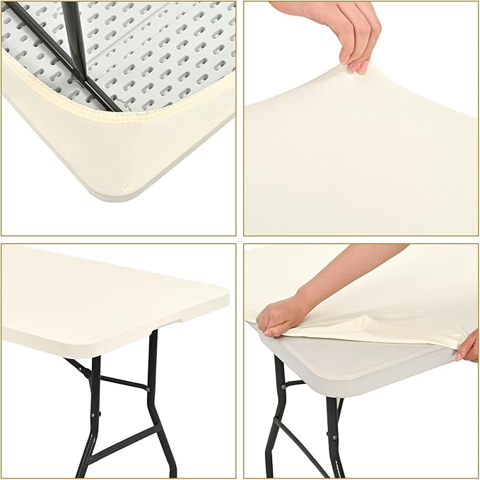 10 Pack Fitted Tablecloth for 8 Foot Rectangle Tables, Ivory Elastic Outdoor Picnic Table Cover, Washable Stretch Folding Table Cloths 8 ft for Camping Party Patio Kitchen Banquet, 30" W x 96" L