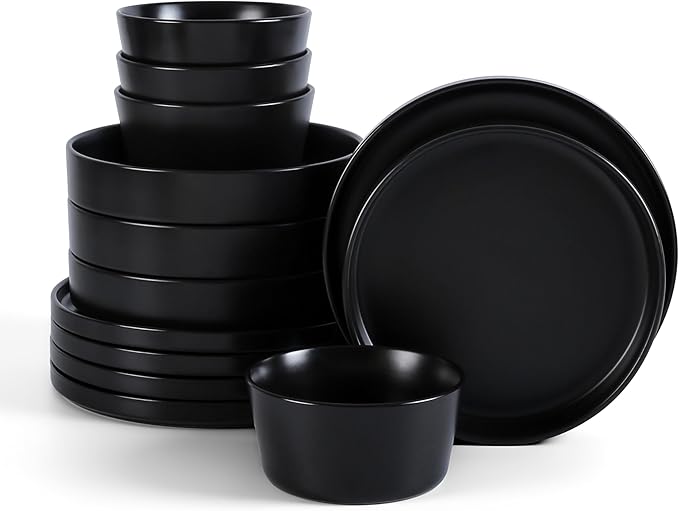 Stone Lain Celina Stoneware 12-Piece Dinnerware Set, Cereal and Pasta Bowls, Black, Coupe