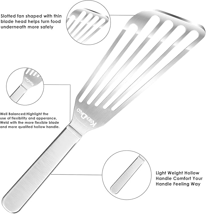 KSENDALO Fish Spatula Stainless Steel, Egg Flipper Spatula with Thin Flexible Slotted and Angled Blade for Kitchen Cooking, Grill, Camping, Essential Metal Spatulas,Silver Kitchen Utensils Set