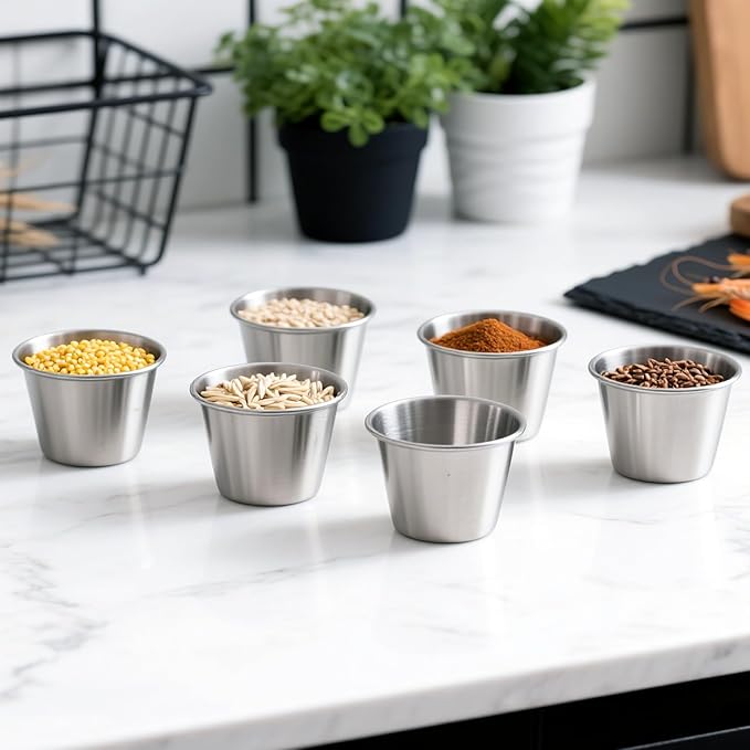 50 Pcs 2.5oz Metal Ramekins Stainless Steel Sauce Dipping Cups Ramekins Bulk Sauce Container Round Dipping Bowls Condiment Cup for Dish Butter Kitchen Restaurant Serving Party Dinner Cooking