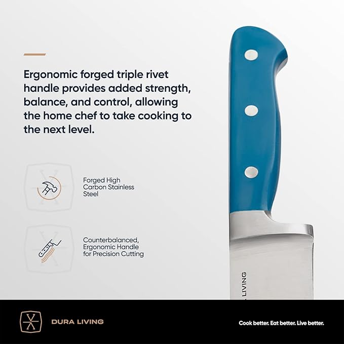 DURA LIVING Chef's Knife Set, 4 Piece Cutlery Knife Set, Superior Forged High Carbon Stainless Steel Ultra Sharp 8 Inch Chef, 7 Inch Santoku, 5 Inch Utility, 3.5 Inch Paring Knives, Royal Blue