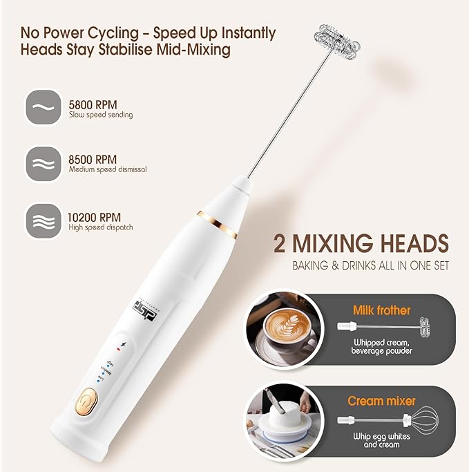 DSP Milk Frother Handheld Rechargeable, Frother for Coffee, Drink Mixer with 3 Speeds 10200RPM, Kitchen Powerful Frother Wand, Suitable for Stirring Eggs, Milk, Juice, Milk Powder (Snow White)