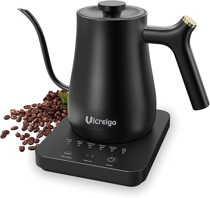 Gooseneck Electric Kettle,Ulcreigo Tea Kettle for Boiling Water, Temperature Control with 5 Variable Presets,Hot Water Boiler Heater for Pour Over Coffee, Keep Warm 2 Hours,304 Stainless Steel(Black)