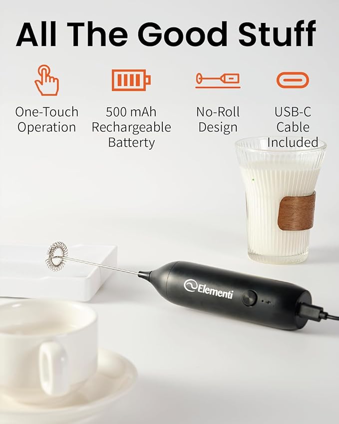Elementi Milk Frother Wand Rechargeable Drink Mixer - Powerful USB-C Rechargeable Frother Handheld & Coffee Mixer Wand - Hand Held Milk Foamer to Make Perfect Cappuccinos, Lattes & Drink Mixes (Black)