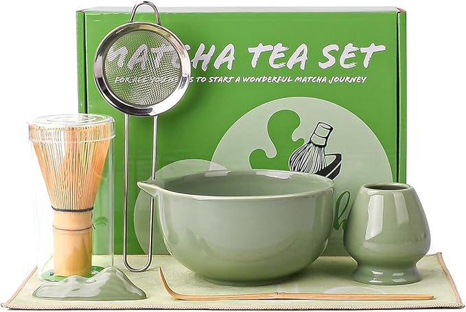 Matcha Whisk Set, 7 Pcs Matcha Kit with Matcha Bowl, Spout, Whisk and Holder, Bamboo Scoop and Stainless Steel Sifter, Japanese Matcha Set for Ceremony, Gift for Matcha Lover