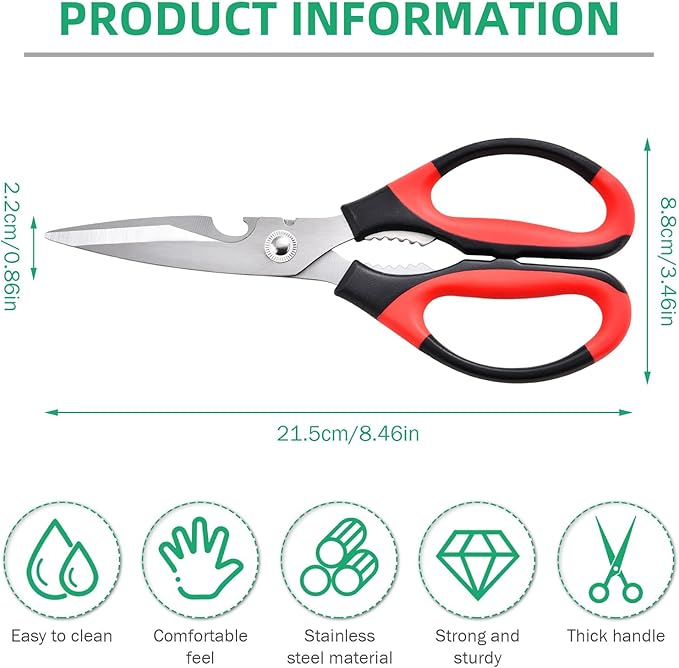Multipurpose kitchen scissors, heavy duty meat poultry scissors, spice scissors, food cooking scissors, stainless steel utility scissors (2, red)
