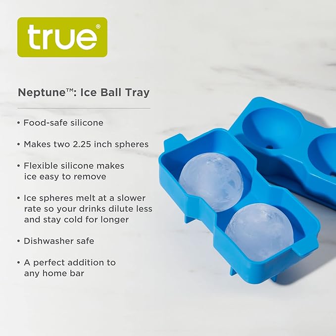 True Neptune Sphere Ice Cube Mold - Food-Safe Silicone Large Craft Ice Ball Maker Mold for Cocktails - 2.25 Inch Ice Spheres, Blue, 2-Piece Set of 1